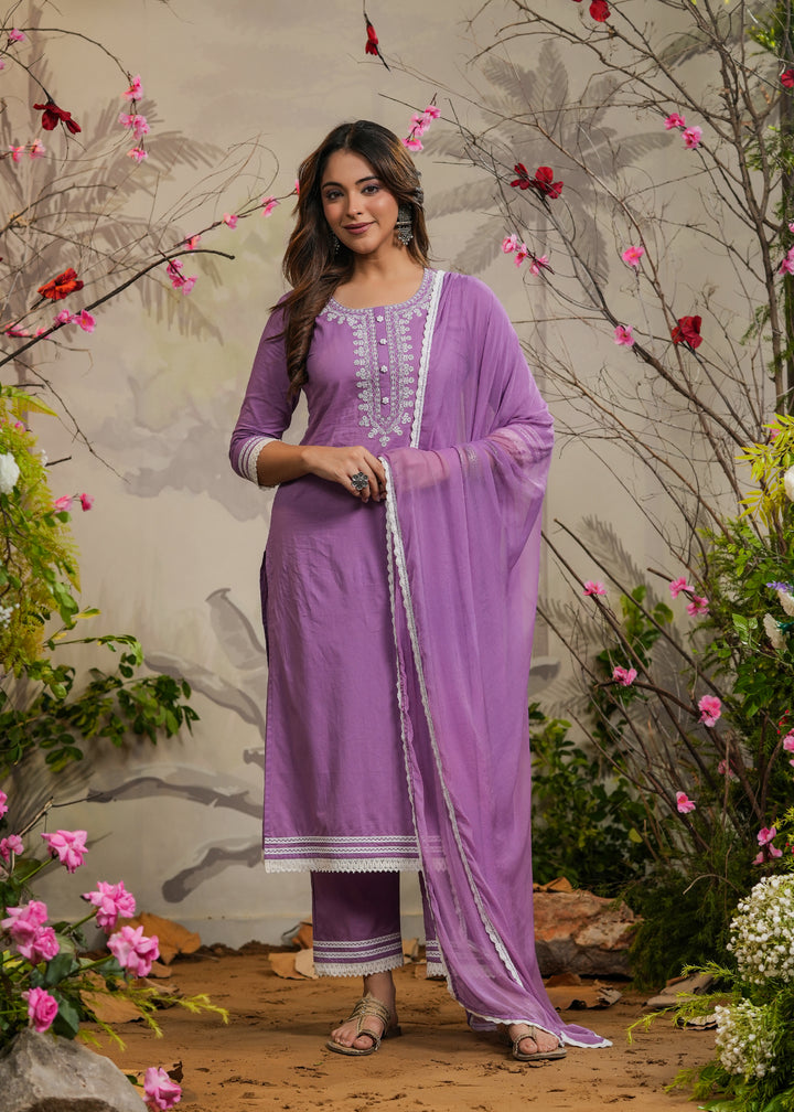 Ishana Lavender Straight Kurta With Pant & Dupatta