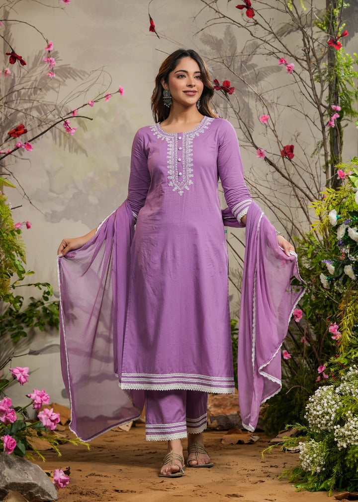 Ishana Lavender Straight Kurta With Pant & Dupatta