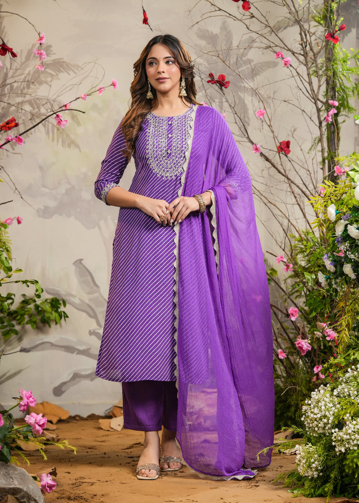 Orchid Purple lehariya Straight Kurti with Pant & Dupatta