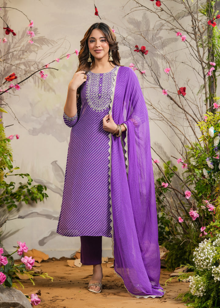 Orchid Purple lehariya Straight Kurti with Pant & Dupatta