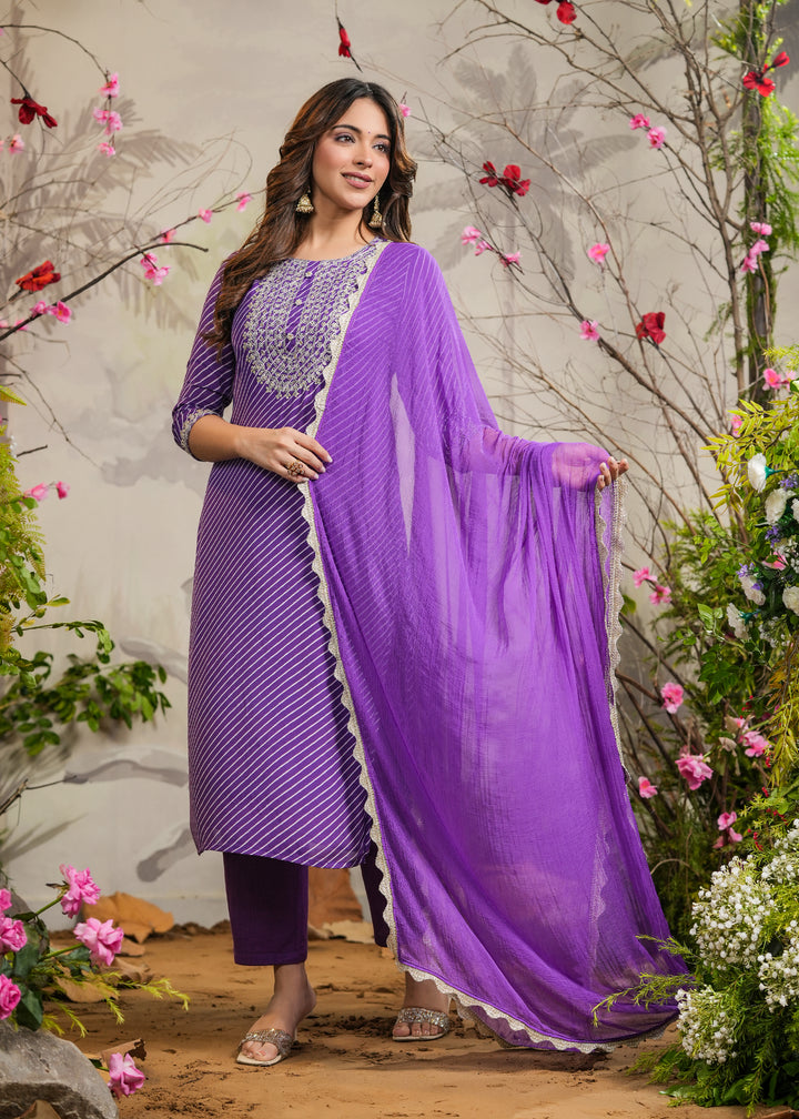 Orchid Purple lehariya Straight Kurti with Pant & Dupatta