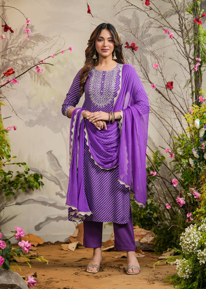 Orchid Purple lehariya Straight Kurti with Pant & Dupatta