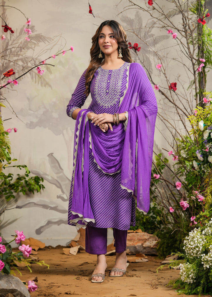 Orchid Purple lehariya Straight Kurti with Pant & Dupatta