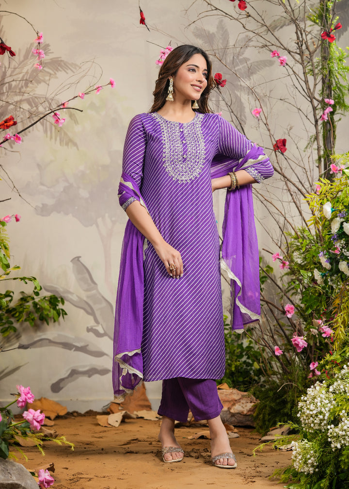 Orchid Purple lehariya Straight Kurti with Pant & Dupatta