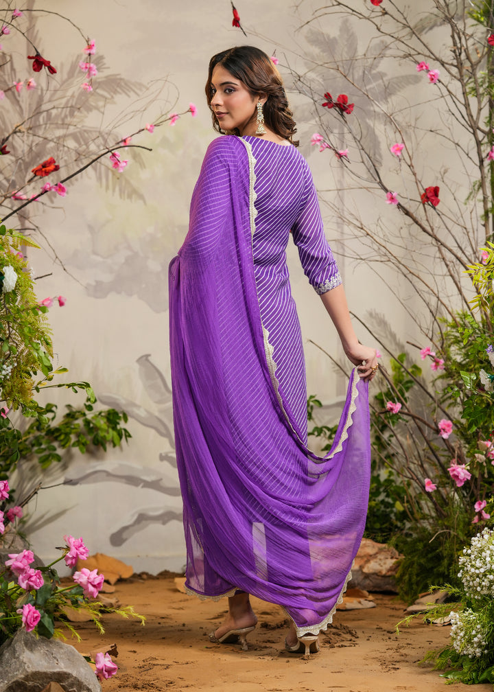 Orchid Purple lehariya Straight Kurti with Pant & Dupatta