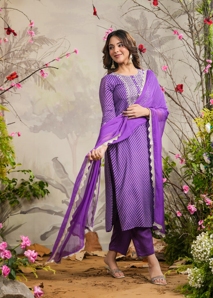 Orchid Purple lehariya Straight Kurti with Pant & Dupatta