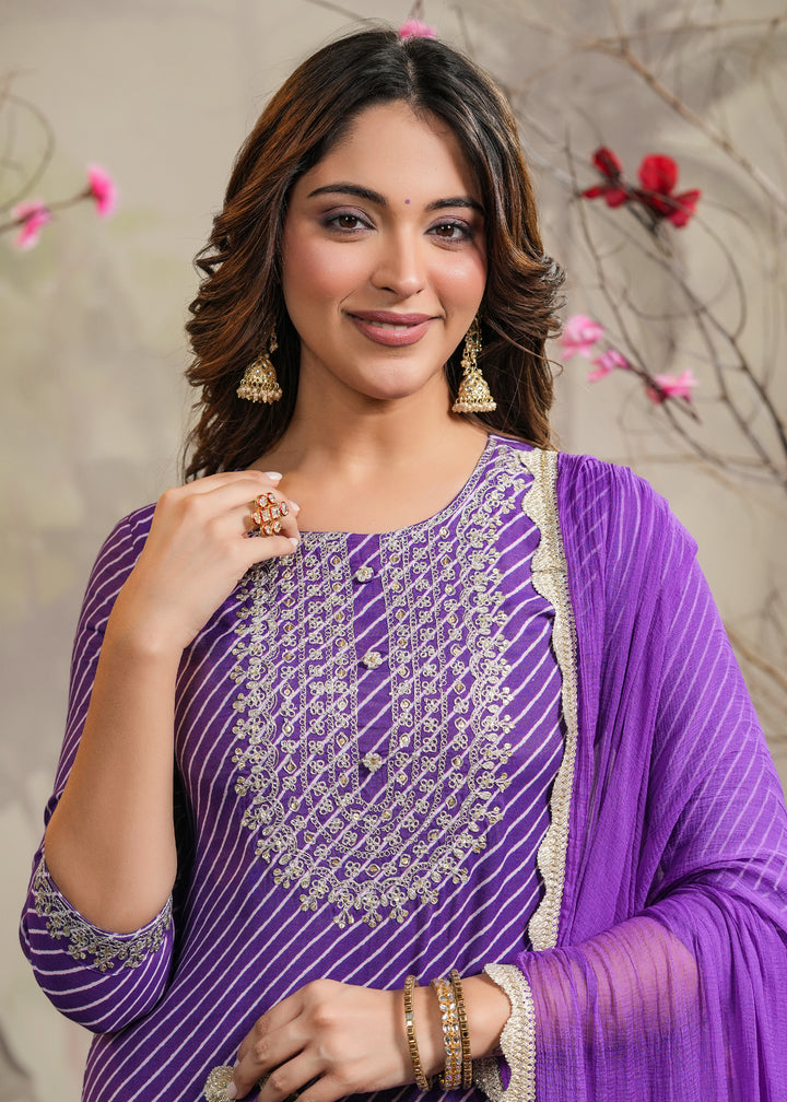 Orchid Purple lehariya Straight Kurti with Pant & Dupatta