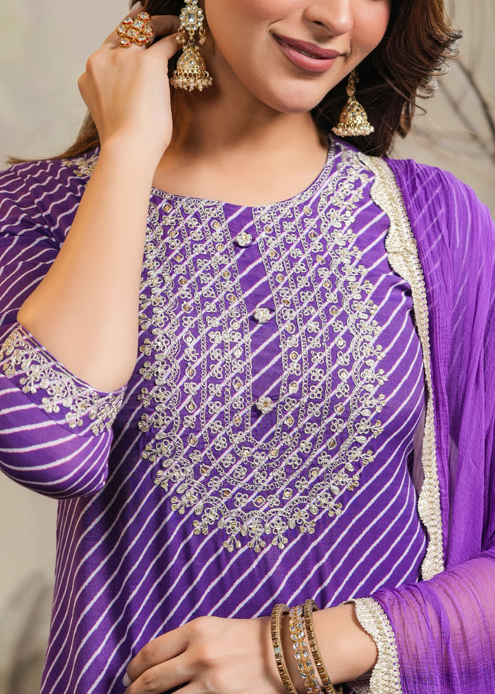 Orchid Purple lehariya Straight Kurti with Pant & Dupatta