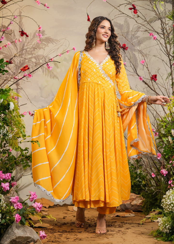 Abeer Yellow Bandhej Angrakha Kurti With Pant & Dupatta