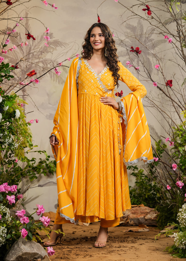 Abeer Yellow Bandhej Angrakha Kurti With Pant & Dupatta