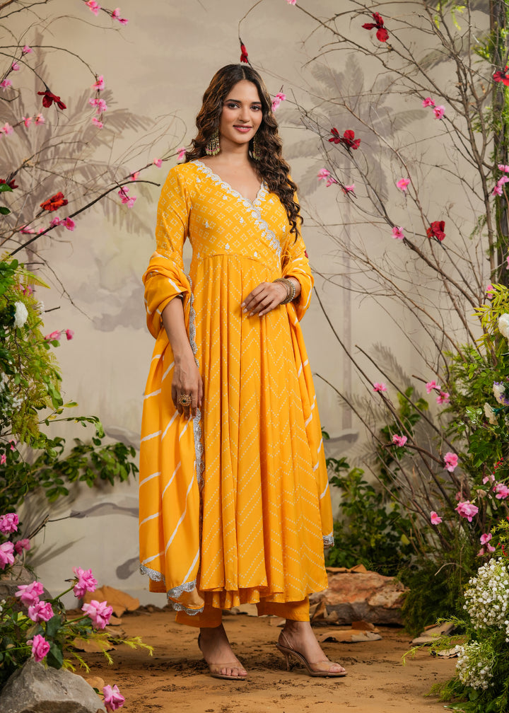 Abeer Yellow Bandhej Angrakha Kurti With Pant & Dupatta