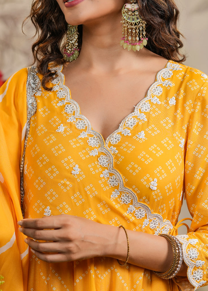 Abeer Yellow Bandhej Angrakha Kurti With Pant & Dupatta