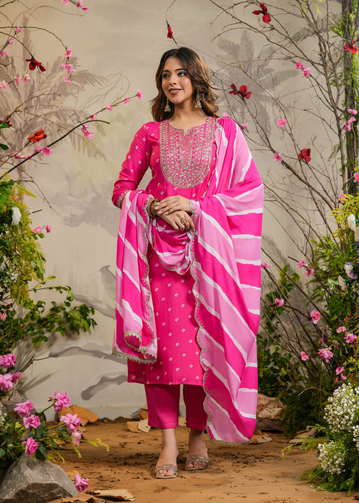 Wira Pink Bandhej Straight Kurti with Pant & Dupatta