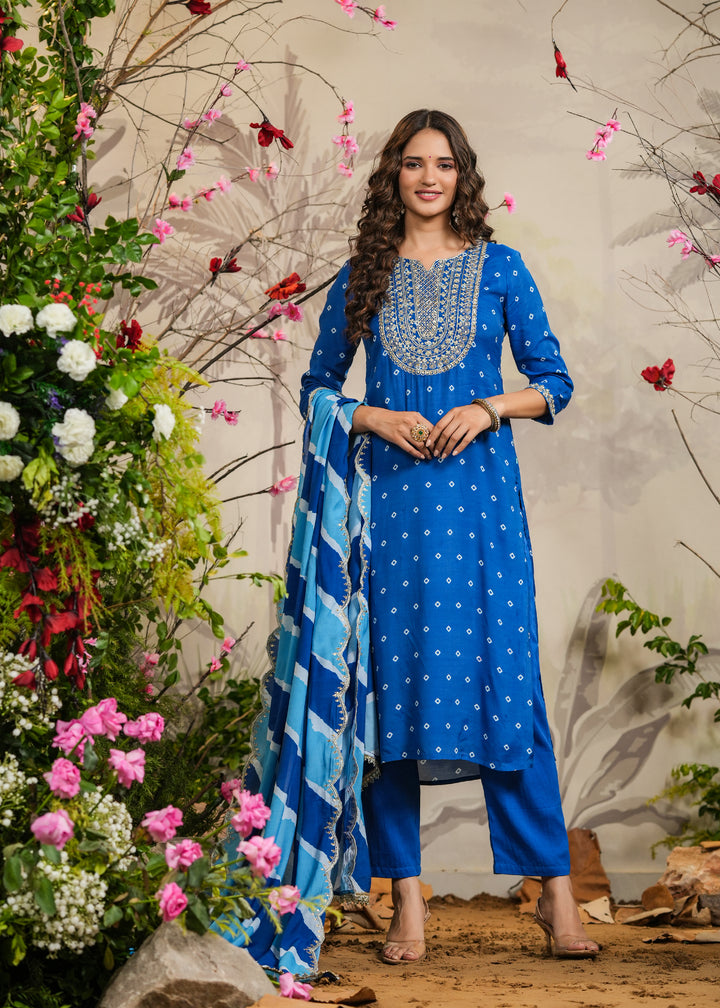 Saarang Blue Bandhej Straight Kurti with Pant & Dupatta