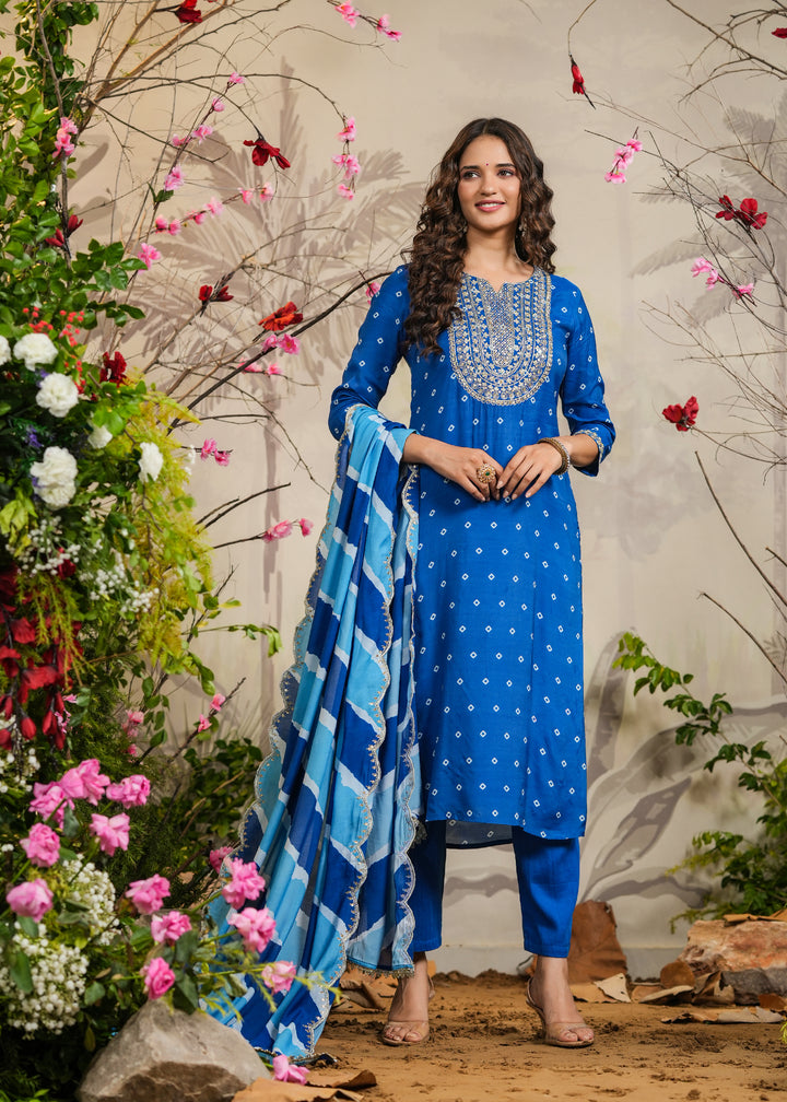 Saarang Blue Bandhej Straight Kurti with Pant & Dupatta