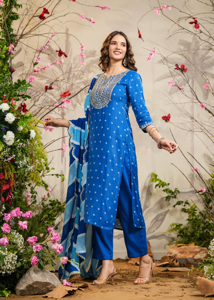 Saarang Blue Bandhej Straight Kurti with Pant & Dupatta