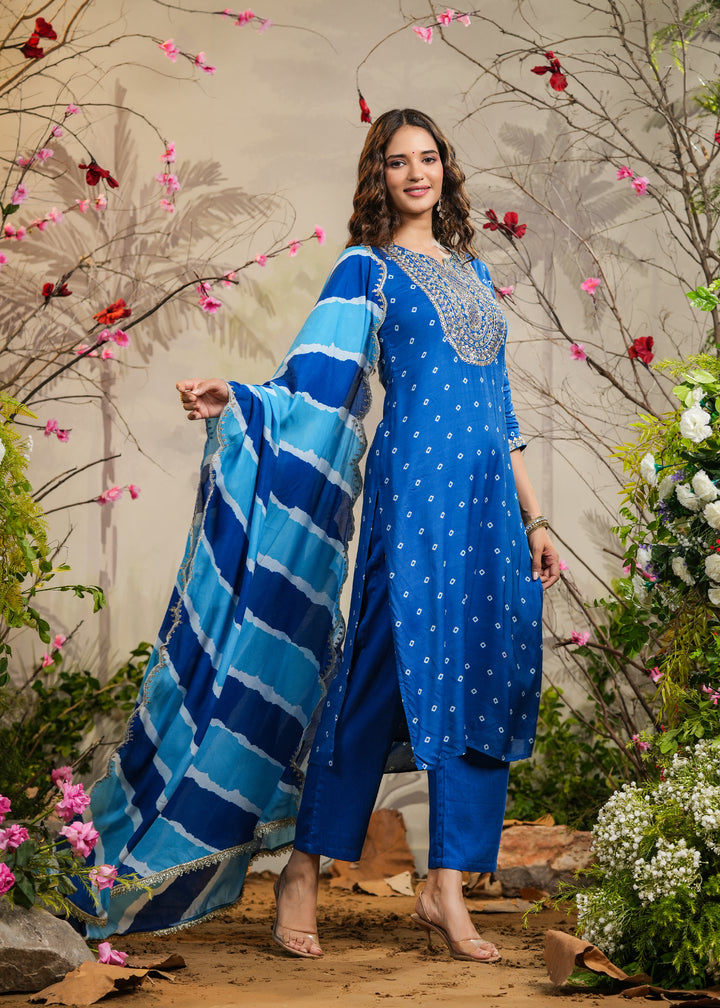 Saarang Blue Bandhej Straight Kurti with Pant & Dupatta