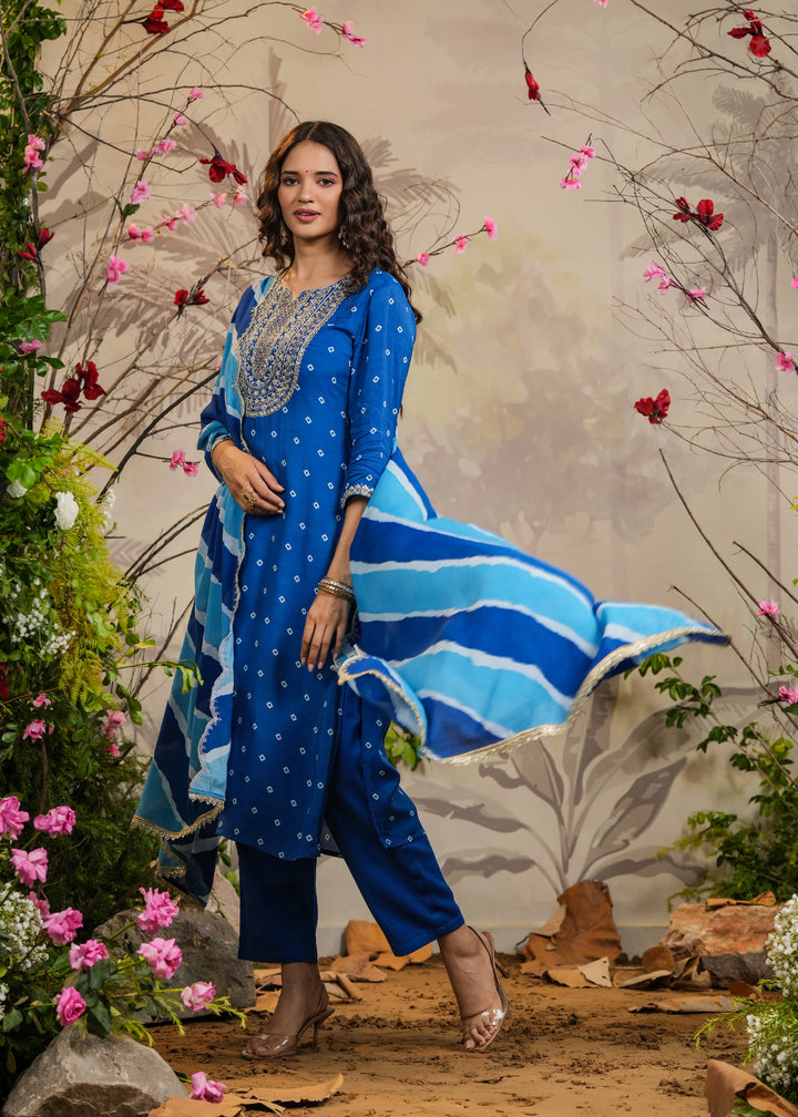 Saarang Blue Bandhej Straight Kurti with Pant & Dupatta