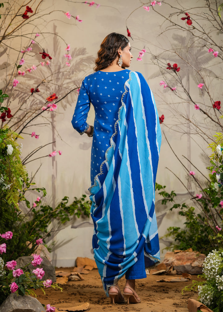 Saarang Blue Bandhej Straight Kurti with Pant & Dupatta