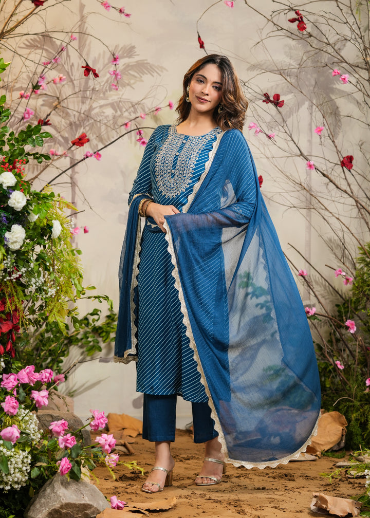 Supriya Blue lehariya Straight Kurti with Pant & Dupatta