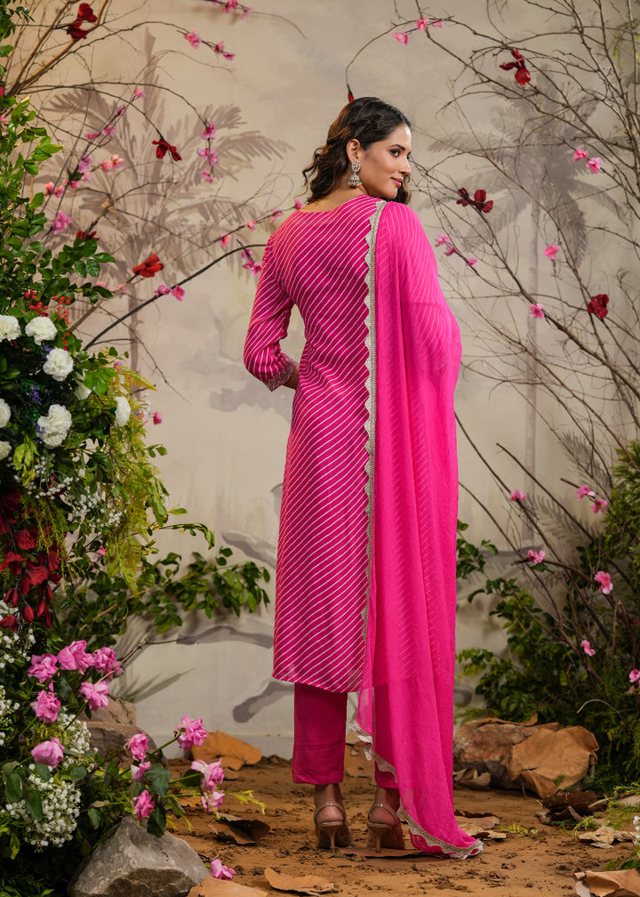 Aachal Pink lehariya Straight Kurti with Pant & Dupatta