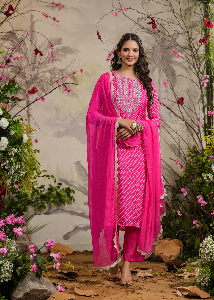 Aachal Pink lehariya Straight Kurti with Pant & Dupatta