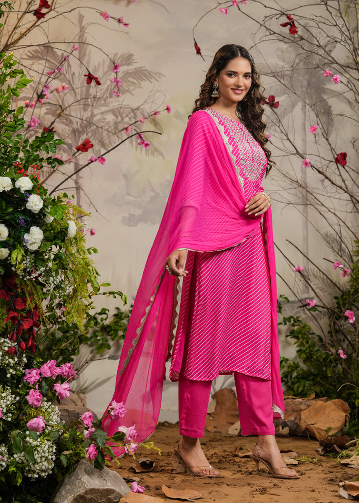 Aachal Pink lehariya Straight Kurti with Pant & Dupatta