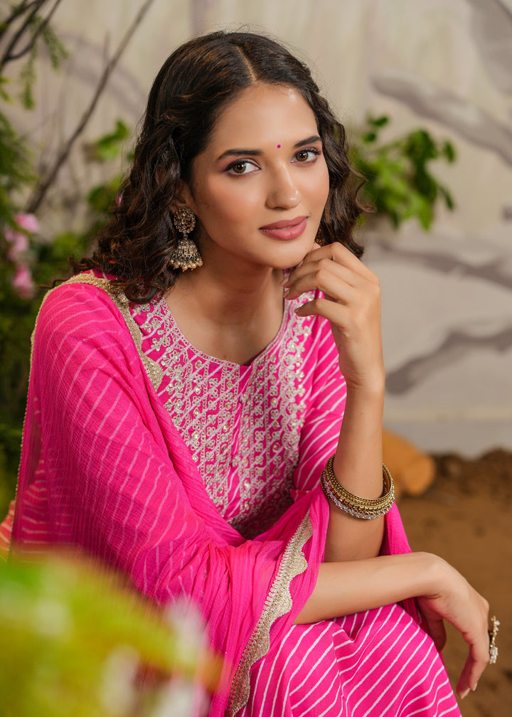 Aachal Pink lehariya Straight Kurti with Pant & Dupatta