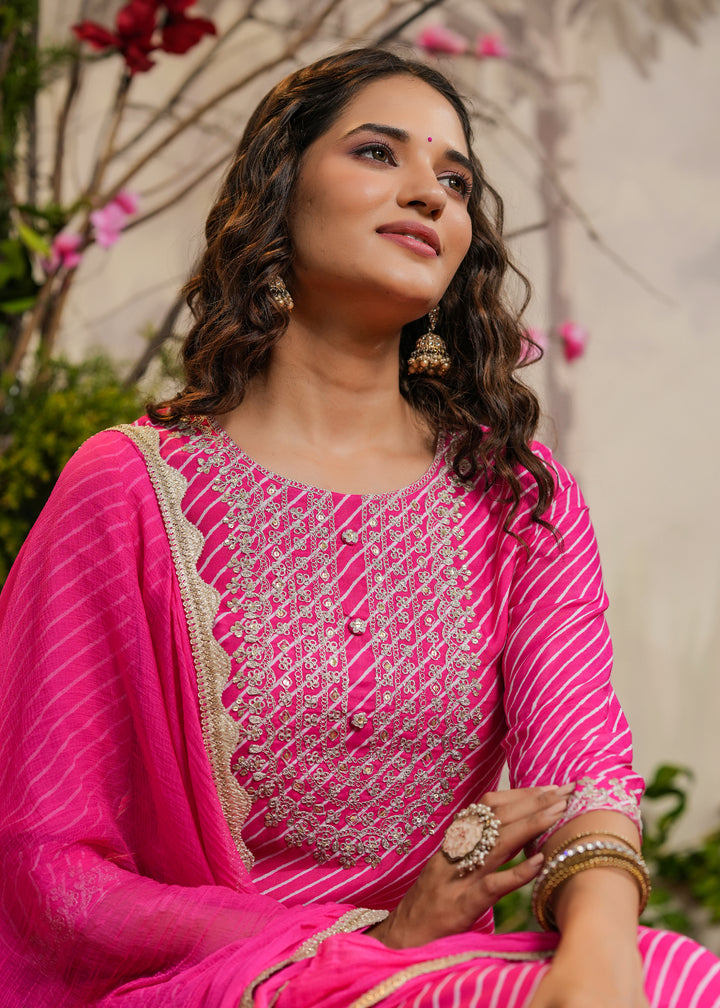 Aachal Pink lehariya Straight Kurti with Pant & Dupatta