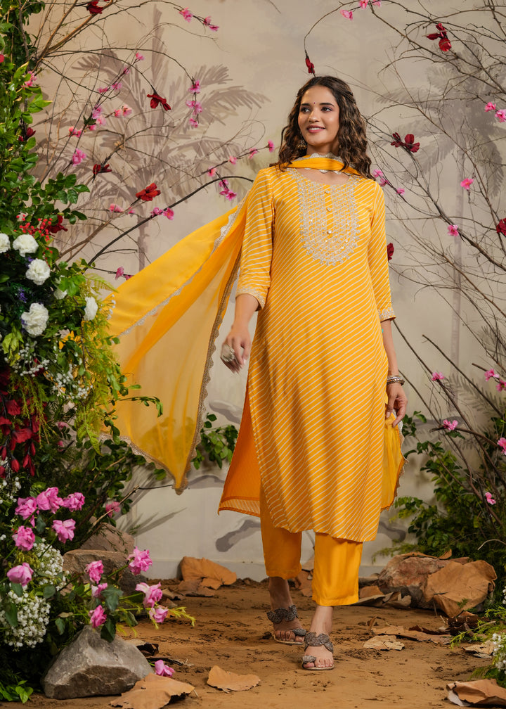 Sawan Yellow lehariya Straight Kurti with Pant & Dupatta