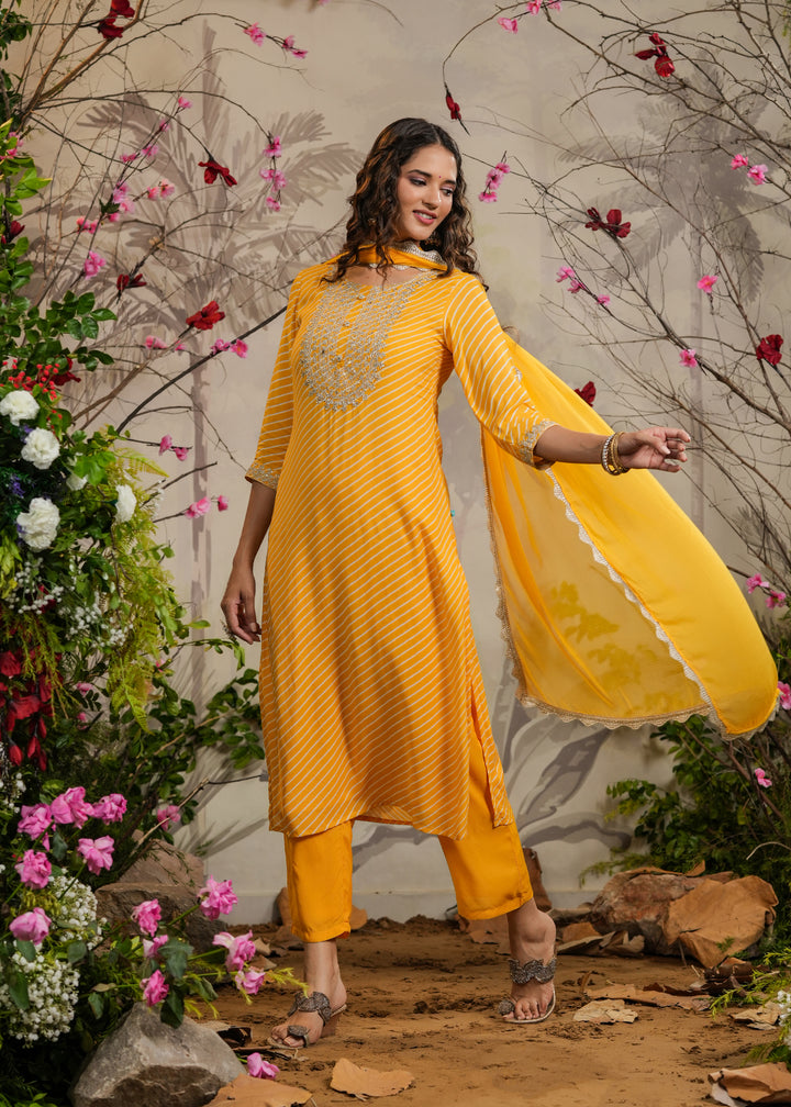 Sawan Yellow lehariya Straight Kurti with Pant & Dupatta