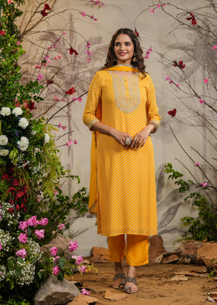 Sawan Yellow lehariya Straight Kurti with Pant & Dupatta