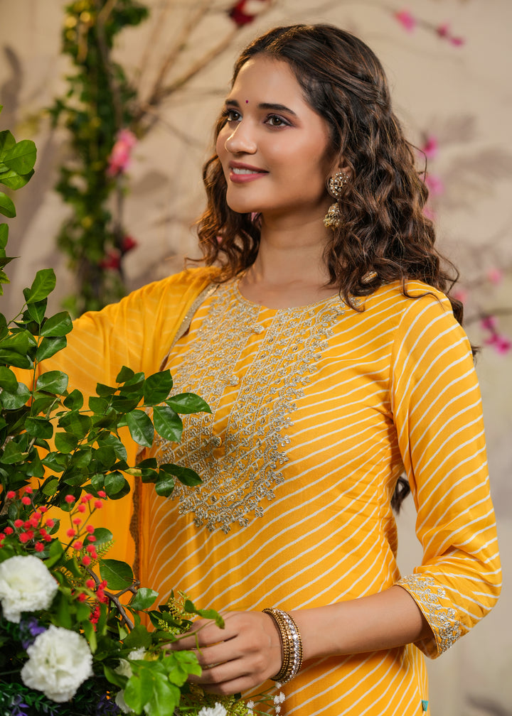 Sawan Yellow lehariya Straight Kurti with Pant & Dupatta