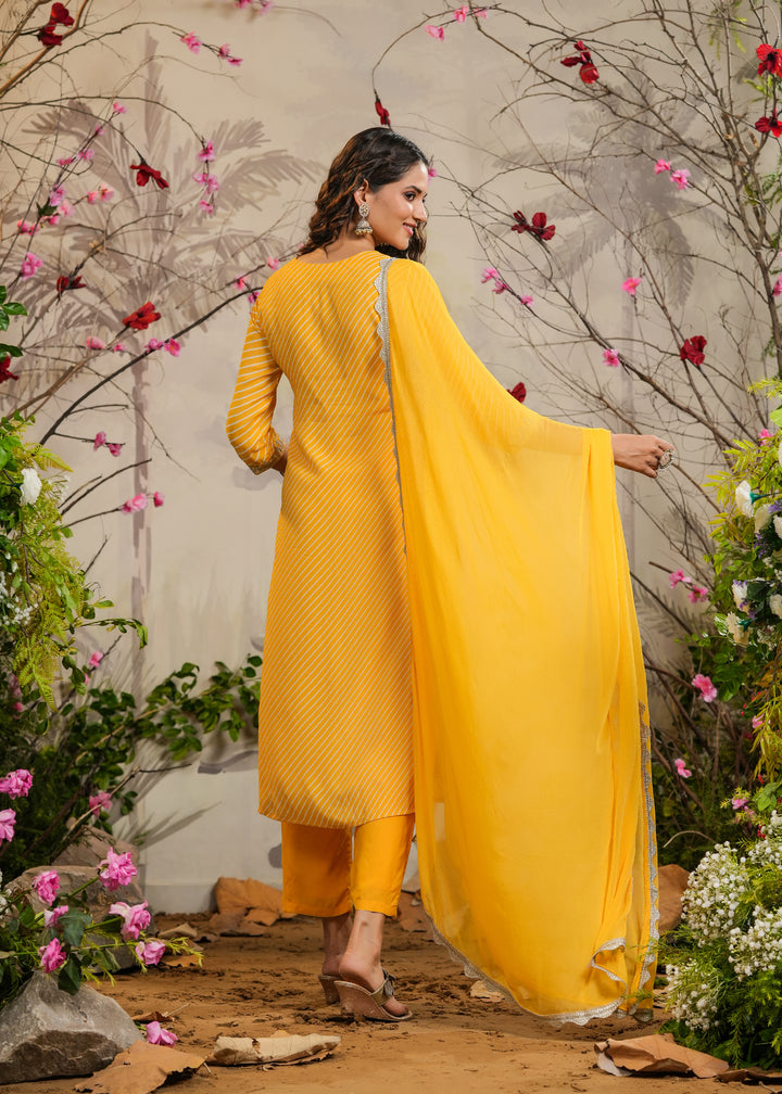 Sawan Yellow lehariya Straight Kurti with Pant & Dupatta