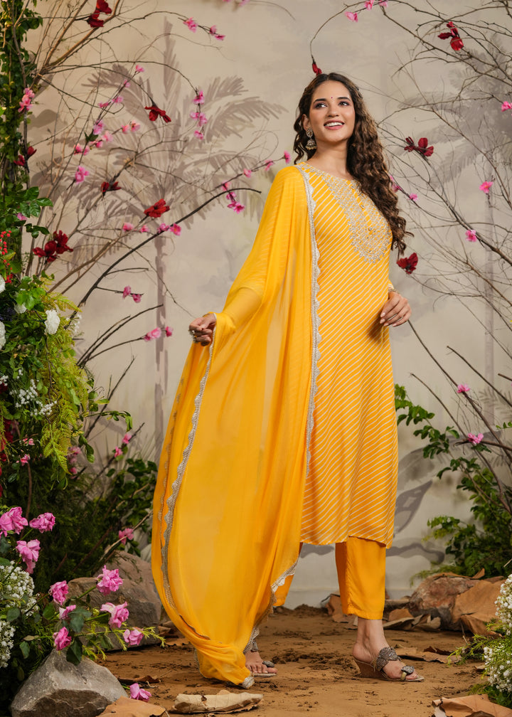 Sawan Yellow lehariya Straight Kurti with Pant & Dupatta