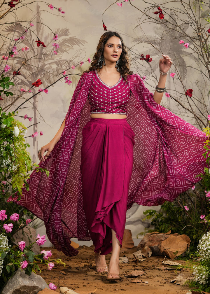 Preet Magenta Bandhej Draped Skirt Cape Set