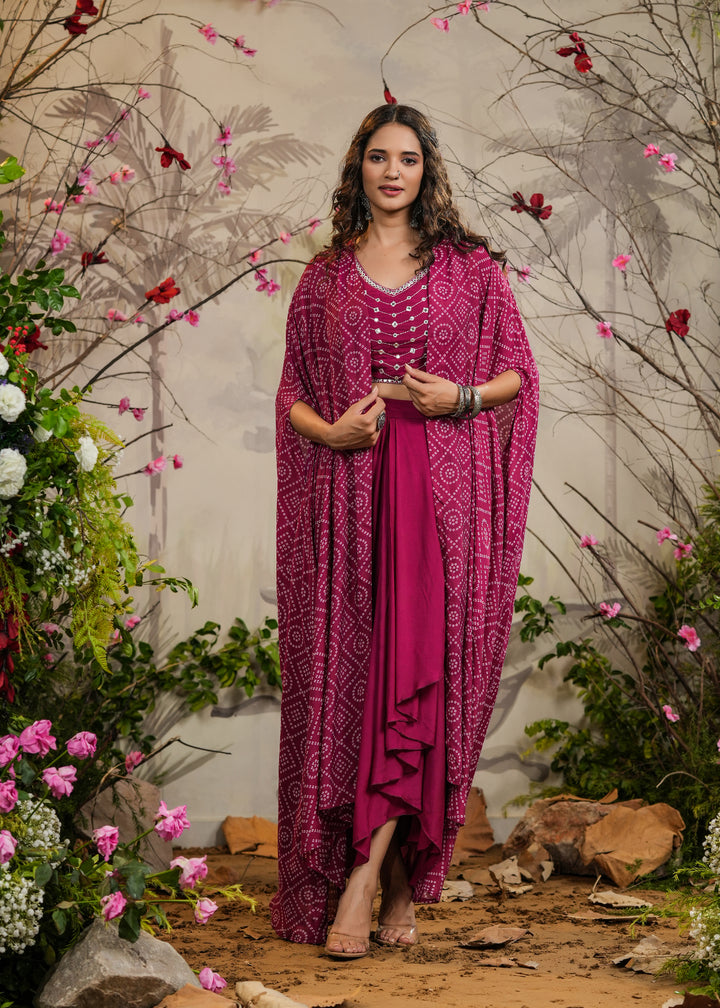 Preet Magenta Bandhej Draped Skirt Cape Set