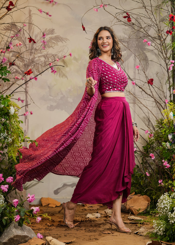 Preet Magenta Bandhej Draped Skirt Cape Set