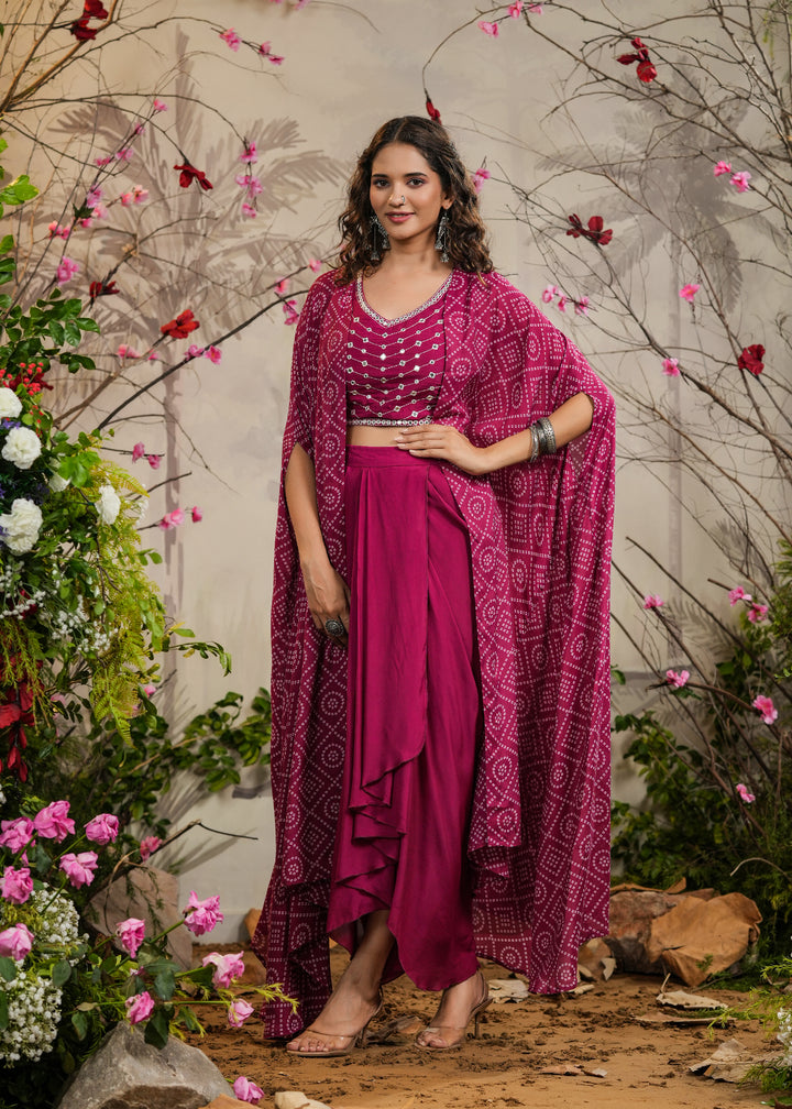 Preet Magenta Bandhej Draped Skirt Cape Set