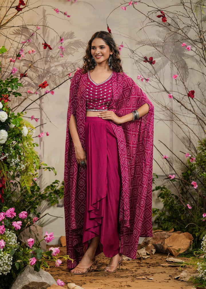 Preet Magenta Bandhej Draped Skirt Cape Set