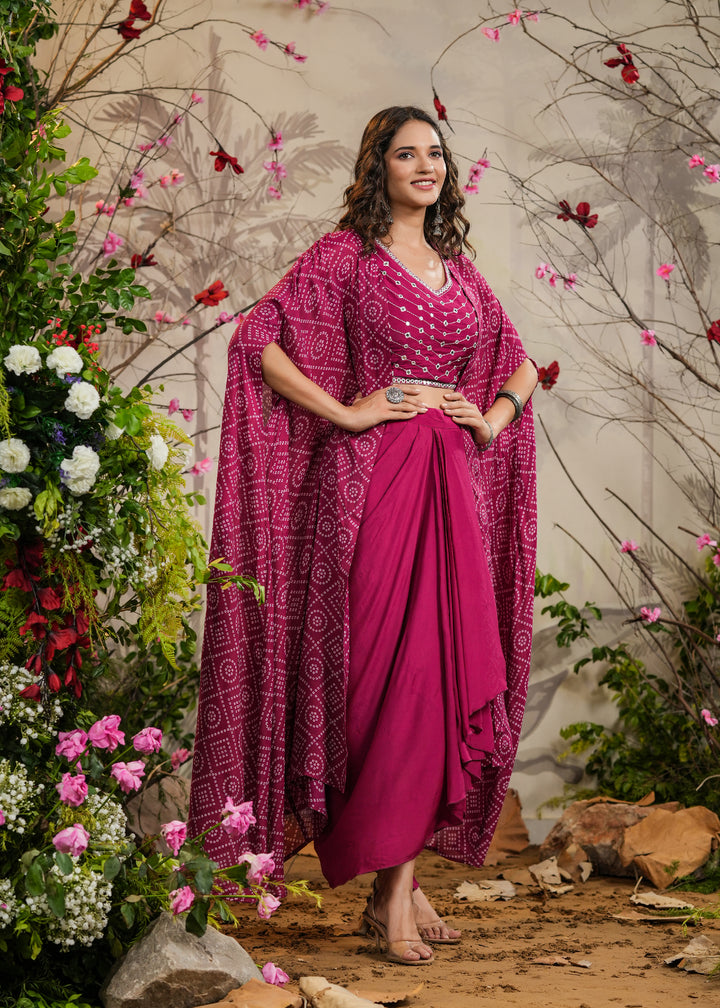 Preet Magenta Bandhej Draped Skirt Cape Set