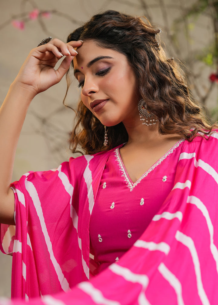 Gulaal Pink Solid Palazzo With Top & Lehariya Cape