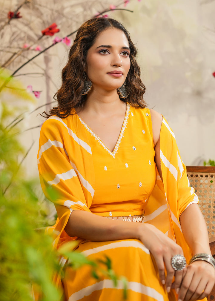 Ilahi Yellow Solid Palazzo With Top & Lehariya Cape