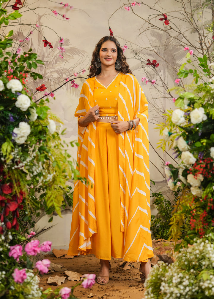 Ilahi Yellow Solid Palazzo With Top & Lehariya Cape