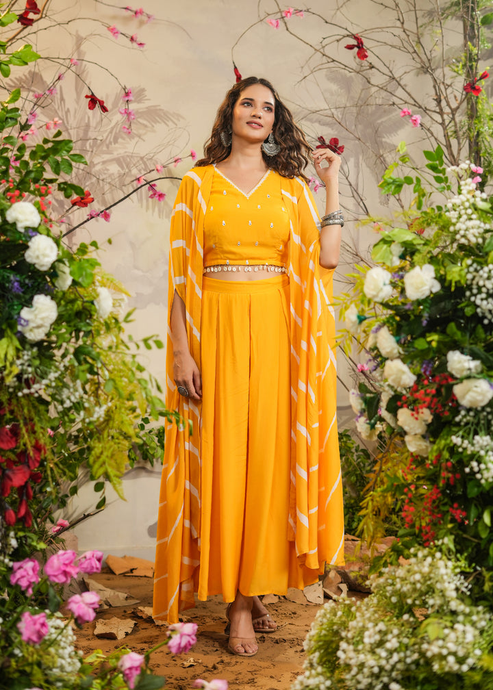 Ilahi Yellow Solid Palazzo With Top & Lehariya Cape