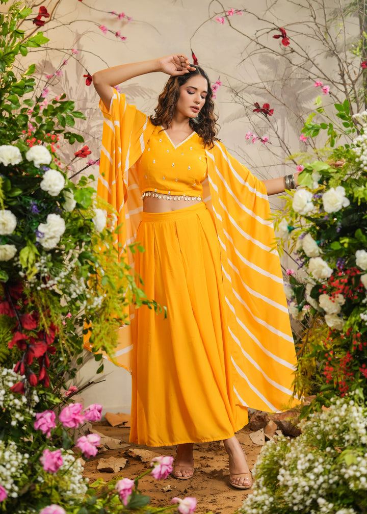 Ilahi Yellow Solid Palazzo With Top & Lehariya Cape