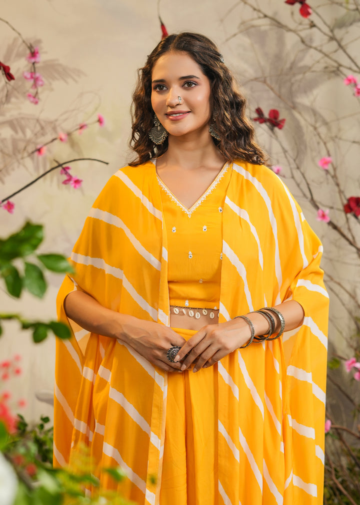 Ilahi Yellow Solid Palazzo With Top & Lehariya Cape