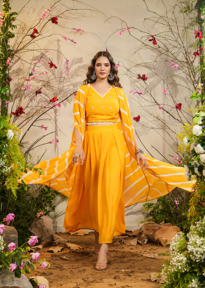 Ilahi Yellow Solid Palazzo With Top & Lehariya Cape