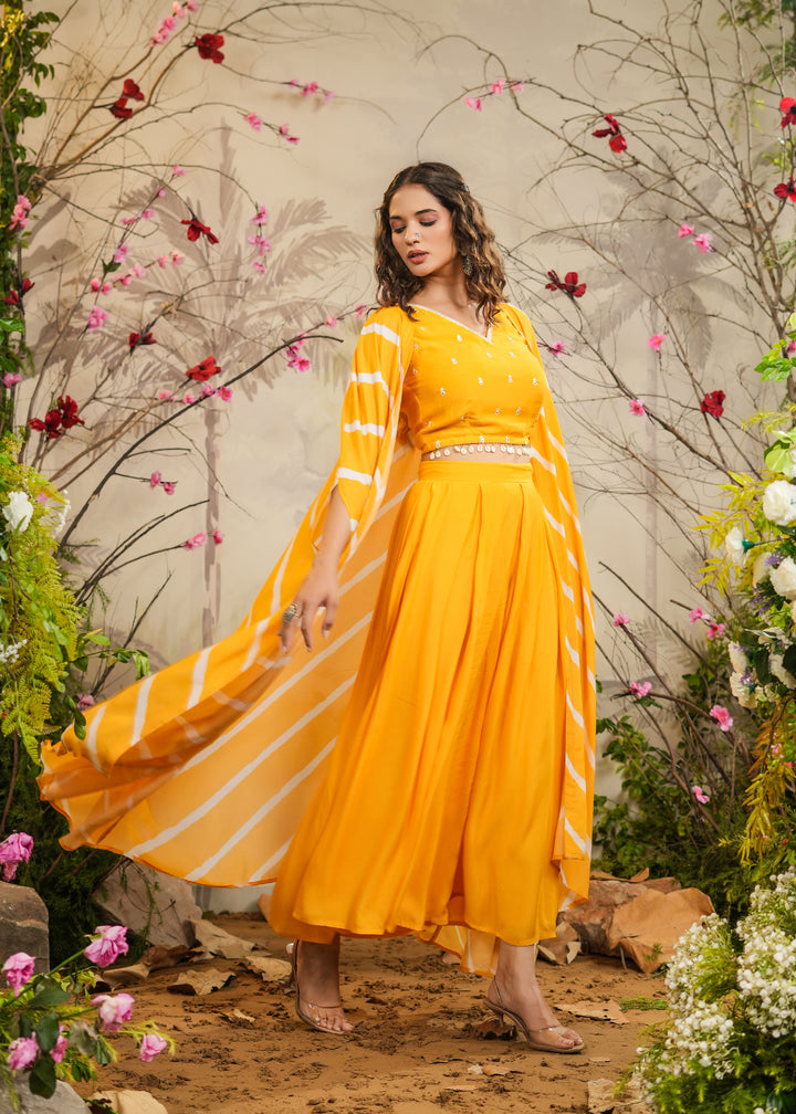 Ilahi Yellow Solid Palazzo With Top & Lehariya Cape