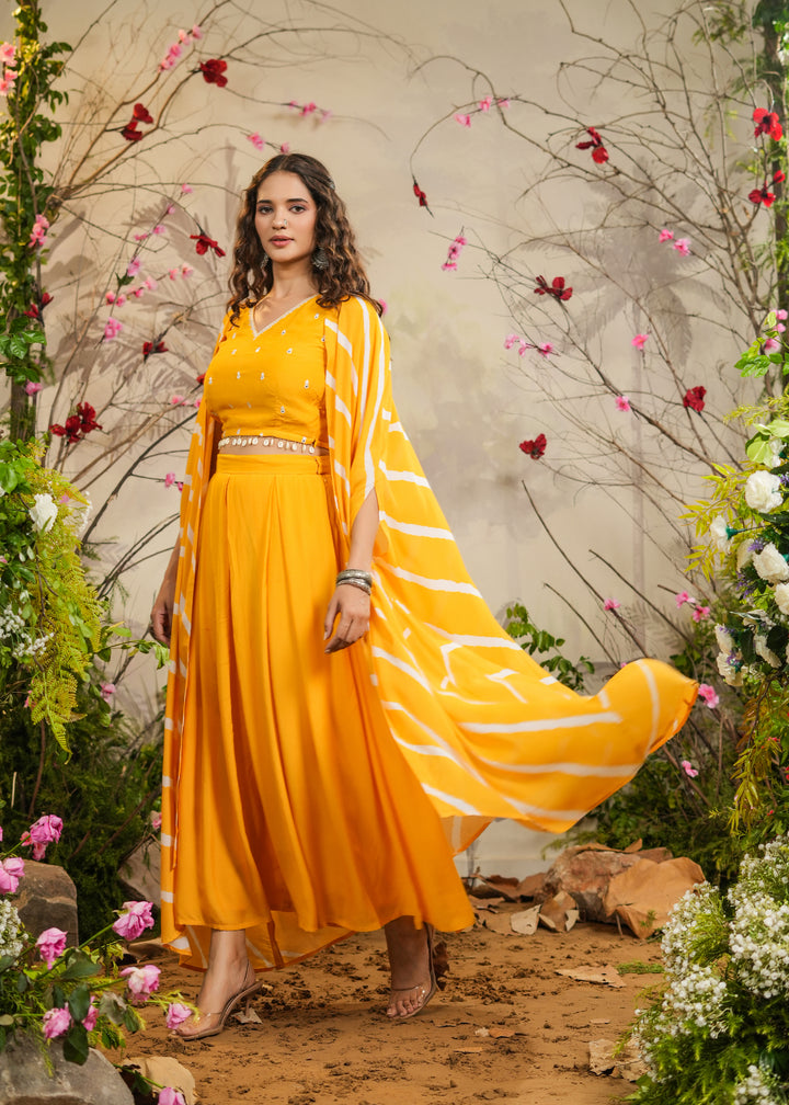 Ilahi Yellow Solid Palazzo With Top & Lehariya Cape